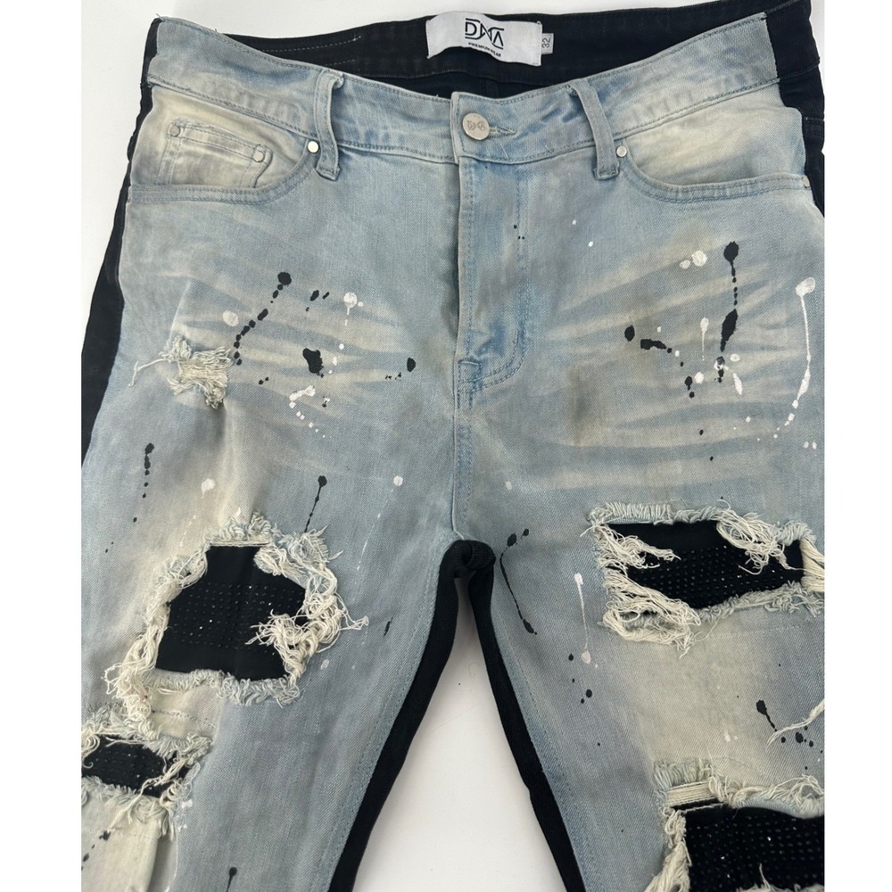 DNA Premium Wear Men Two Tone Distresed Paint Splatter Slim Jeans Light Black 32